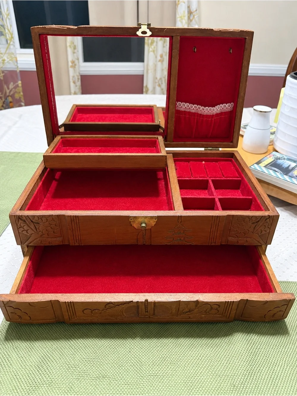 Wooden Carved Jewelry Box - Brown